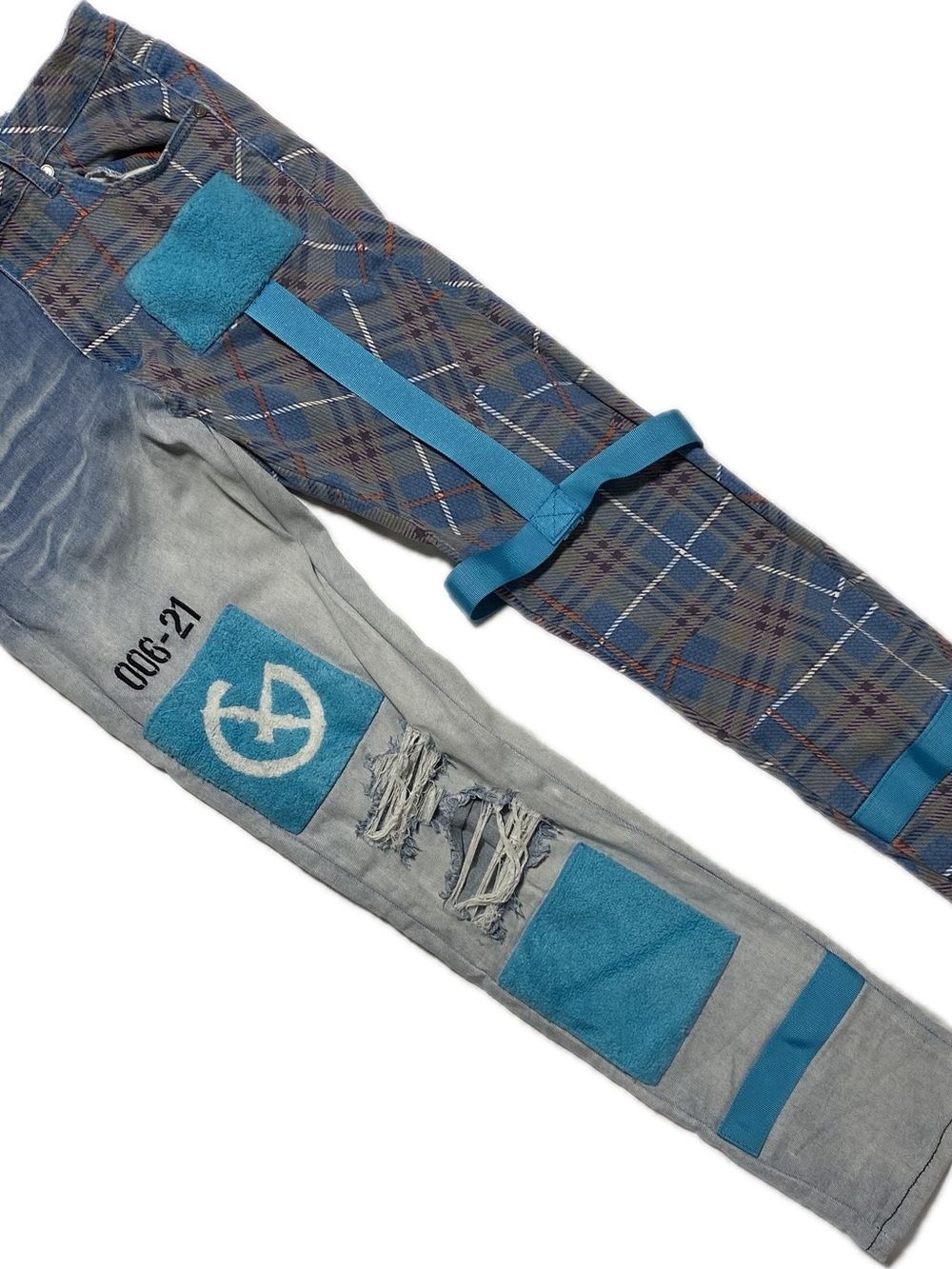 Men's Slim Straight Jeans with Teal Patchwork and Plaid Knee Panels